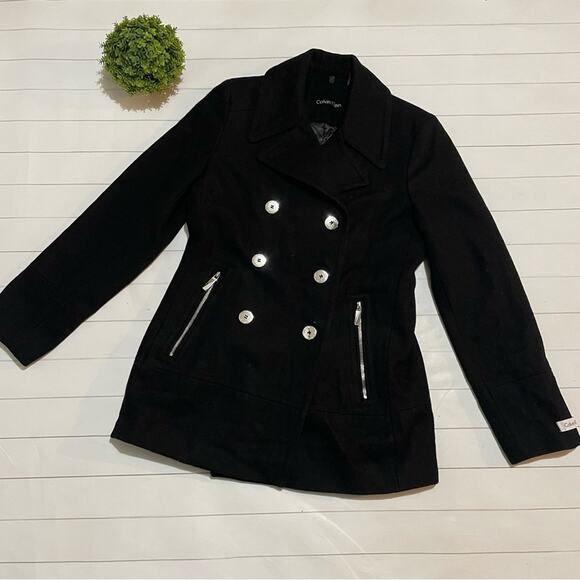 Calvin Klein Black Silver Wool Blend Winter Pea Coat Women’s Size‎ 6 - Picture 1 of 10